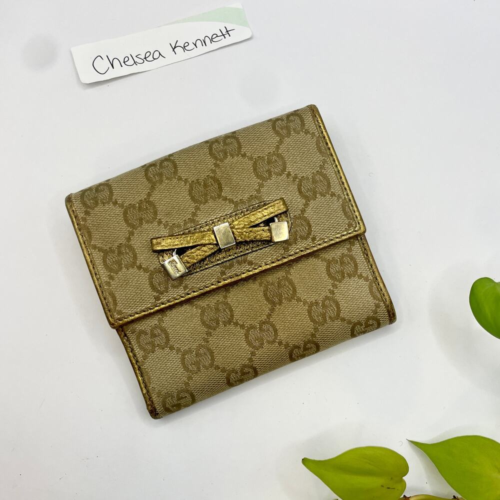 Gucci Gold Bow Beige Brown GG Canvas Leather Compact Square Wallet
